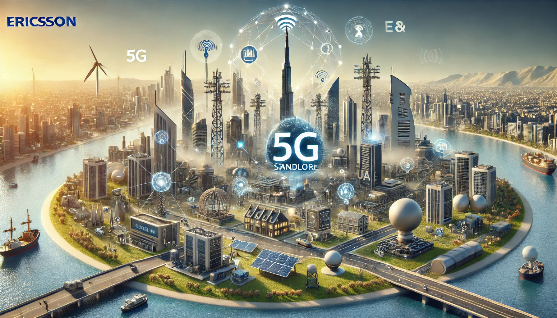 A landscape image representing the successful implementation of Ericsson's RedCap solution on e& UAE's 5G Standalone network. The scene features advance