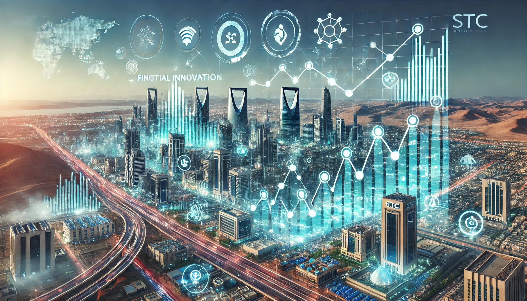 A landscape image representing the financial success and digital innovation of stc Group in the first half of 2024. The scene features a modern cityscape