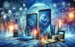A modern fintech scene depicting digital banking and financial services. Elements include smartphones with banking apps, digital wallets, financial gr