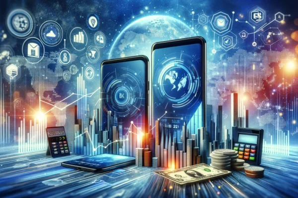 A modern fintech scene depicting digital banking and financial services. Elements include smartphones with banking apps, digital wallets, financial gr