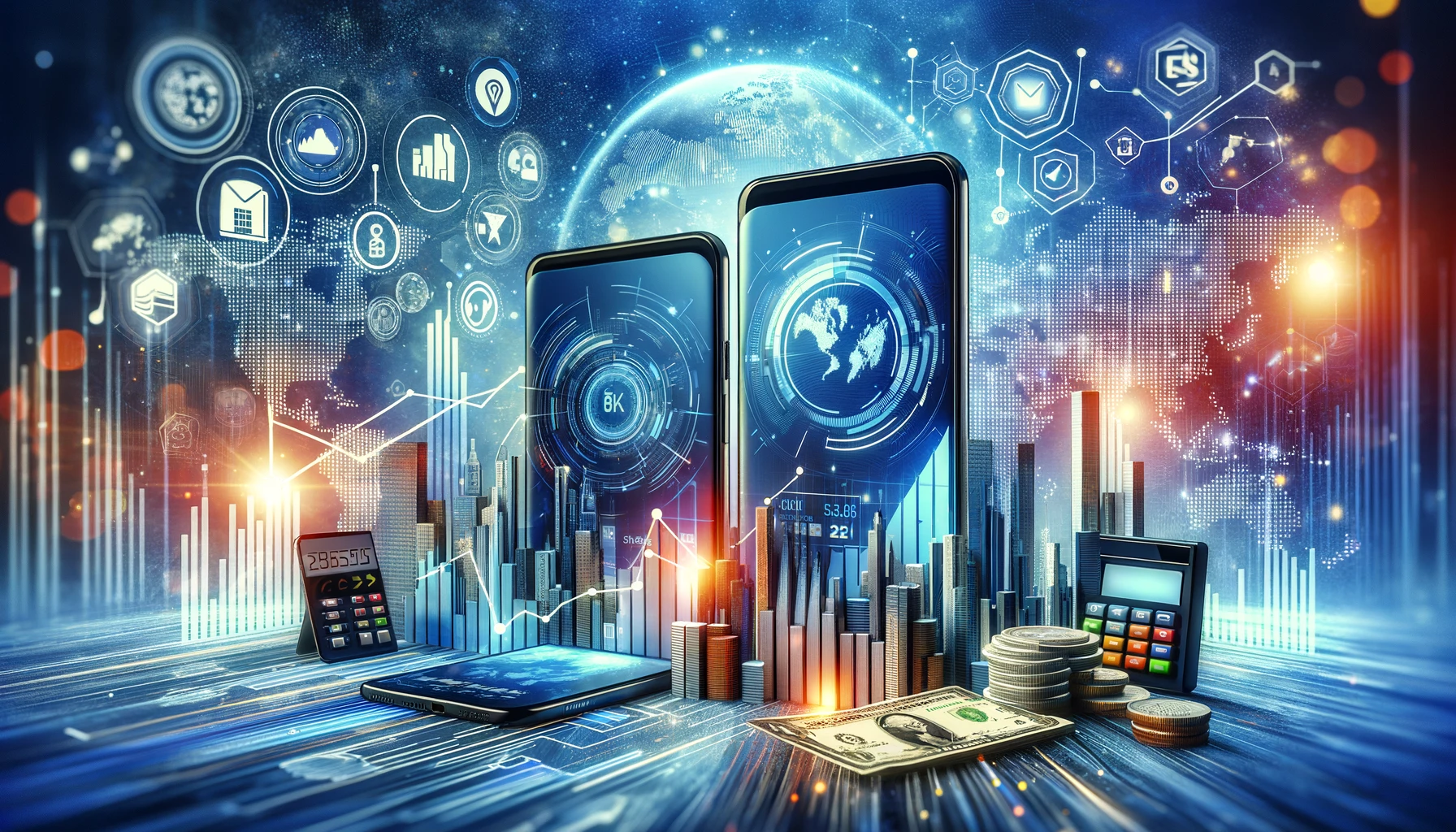 A modern fintech scene depicting digital banking and financial services. Elements include smartphones with banking apps, digital wallets, financial gr