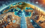 A modern subsea telecommunications scene featuring a subsea cable connecting Greece and Saudi Arabia. Visuals include a map with cable routes, network