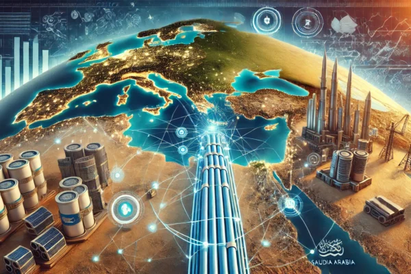 A modern subsea telecommunications scene featuring a subsea cable connecting Greece and Saudi Arabia. Visuals include a map with cable routes, network