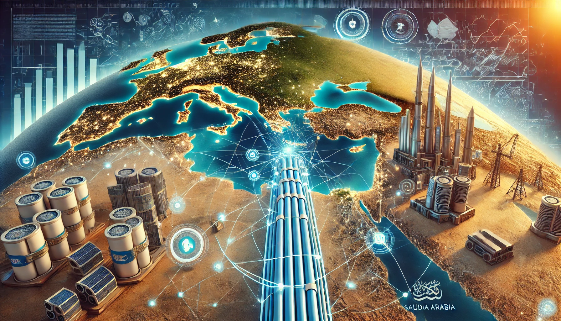 A modern subsea telecommunications scene featuring a subsea cable connecting Greece and Saudi Arabia. Visuals include a map with cable routes, network