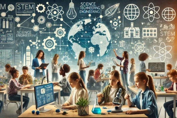 A modern educational scene focusing on STEM (Science, Technology, Engineering, Mathematics) education. Visuals include students engaging with science