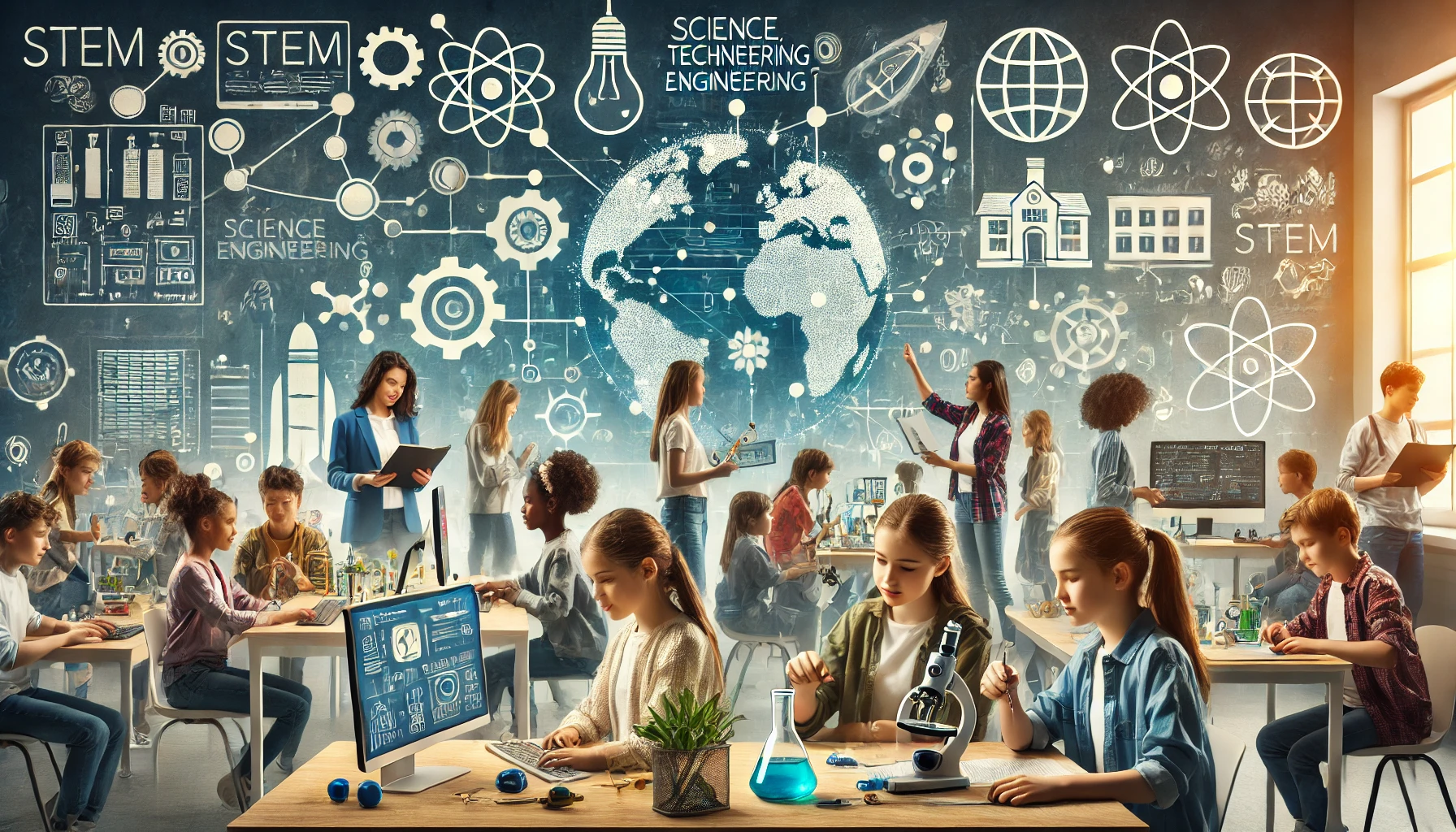 A modern educational scene focusing on STEM (Science, Technology, Engineering, Mathematics) education. Visuals include students engaging with science