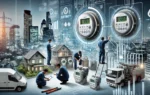 A modern scene showcasing smart electricity meters being installed and used. Visuals include technicians working on smart meters, digital interfaces d