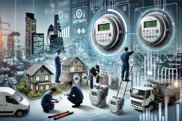 A modern scene showcasing smart electricity meters being installed and used. Visuals include technicians working on smart meters, digital interfaces d