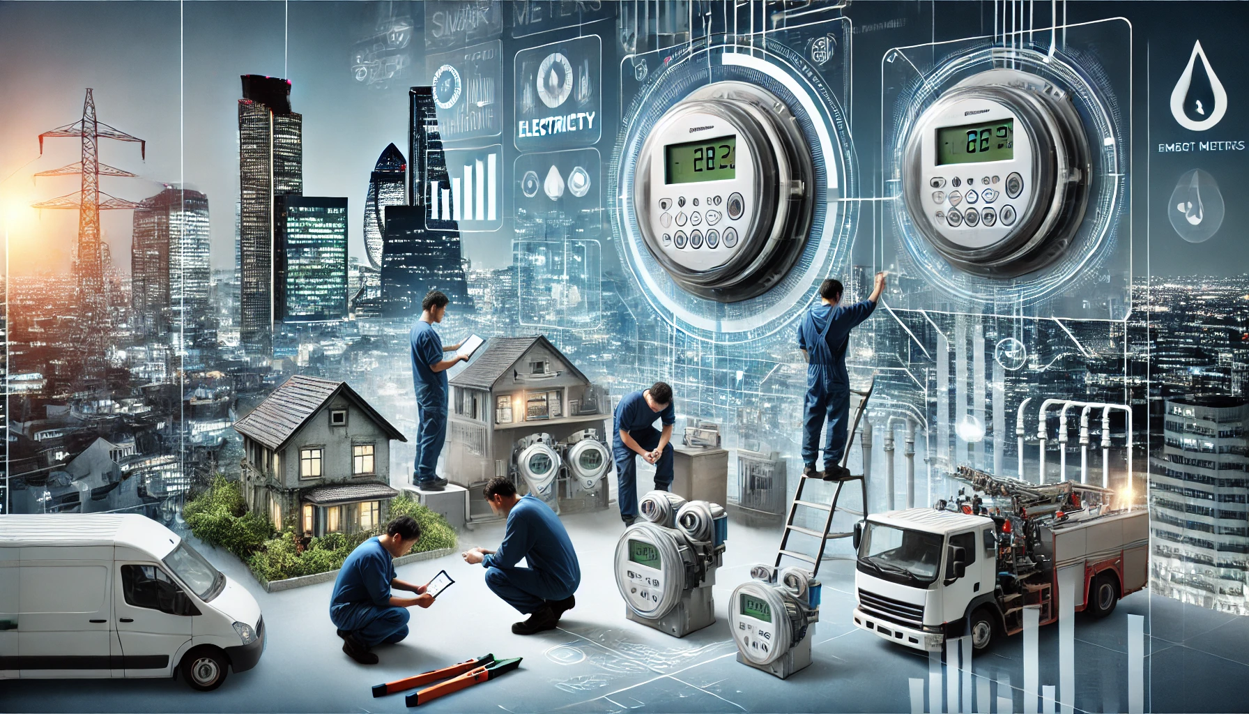 A modern scene showcasing smart electricity meters being installed and used. Visuals include technicians working on smart meters, digital interfaces d