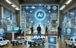 A modern scene depicting the integration of artificial intelligence in public security. Visuals include AI technology, such as predictive analytics on