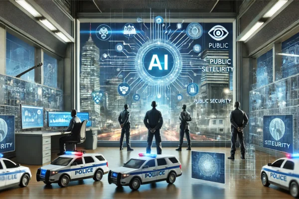 A modern scene depicting the integration of artificial intelligence in public security. Visuals include AI technology, such as predictive analytics on