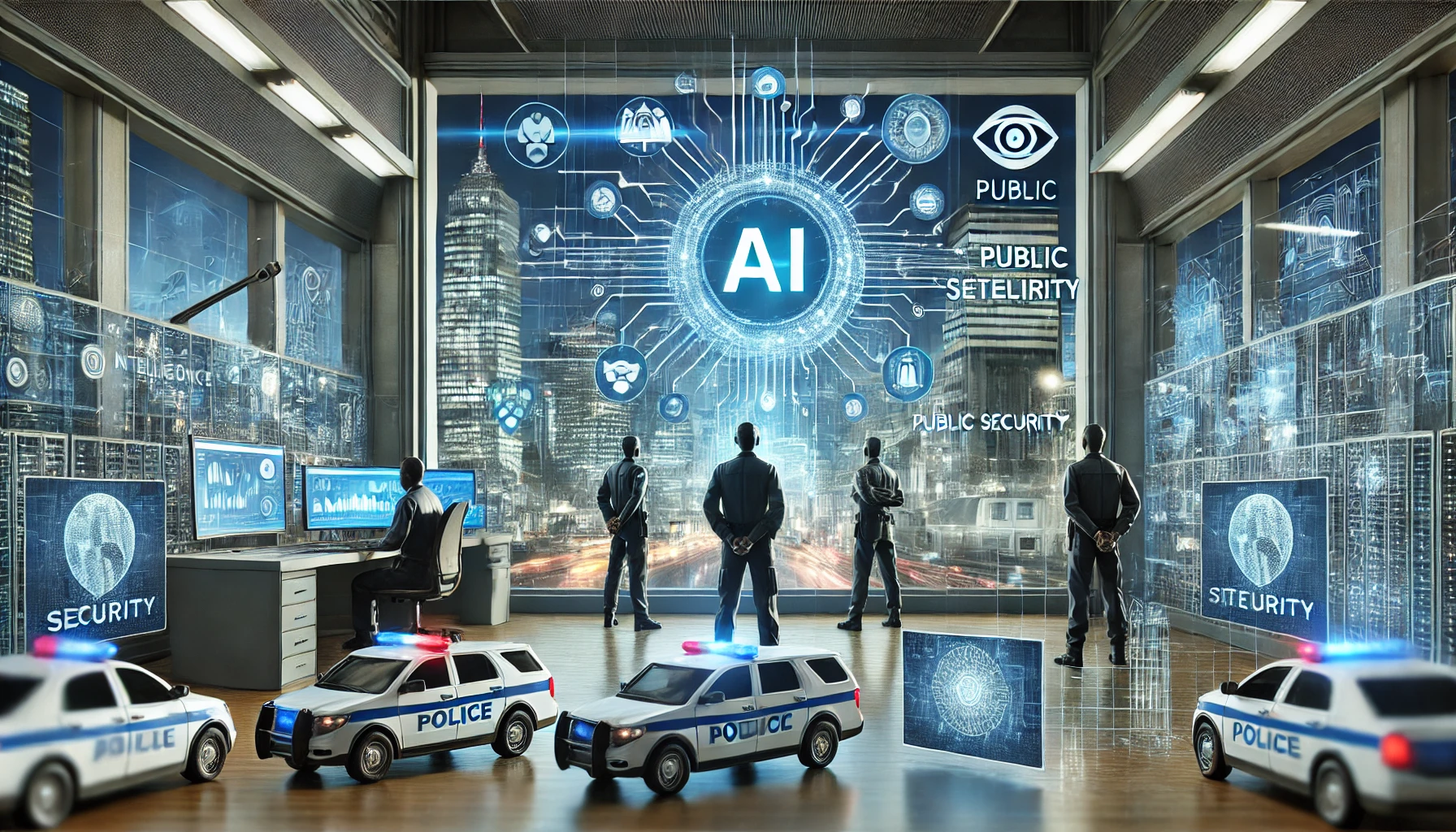 A modern scene depicting the integration of artificial intelligence in public security. Visuals include AI technology, such as predictive analytics on