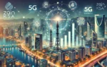 A modern telecommunications scene depicting the success of Zain KSA. Visuals include 5G towers, digital interfaces displaying growth charts, and a vibrant