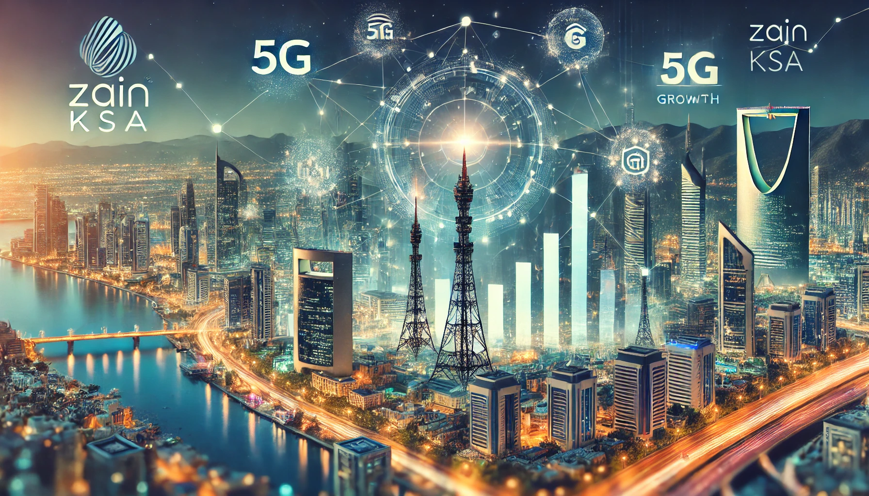 A modern telecommunications scene depicting the success of Zain KSA. Visuals include 5G towers, digital interfaces displaying growth charts, and a vibrant