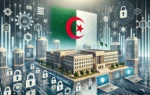 A modern scene depicting digital transformation in Algeria. Visuals include digital interfaces, government buildings, and cybersecurity symbols. The b