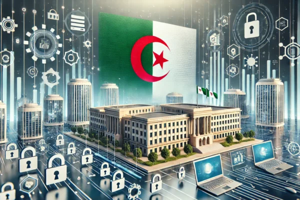 A modern scene depicting digital transformation in Algeria. Visuals include digital interfaces, government buildings, and cybersecurity symbols. The b