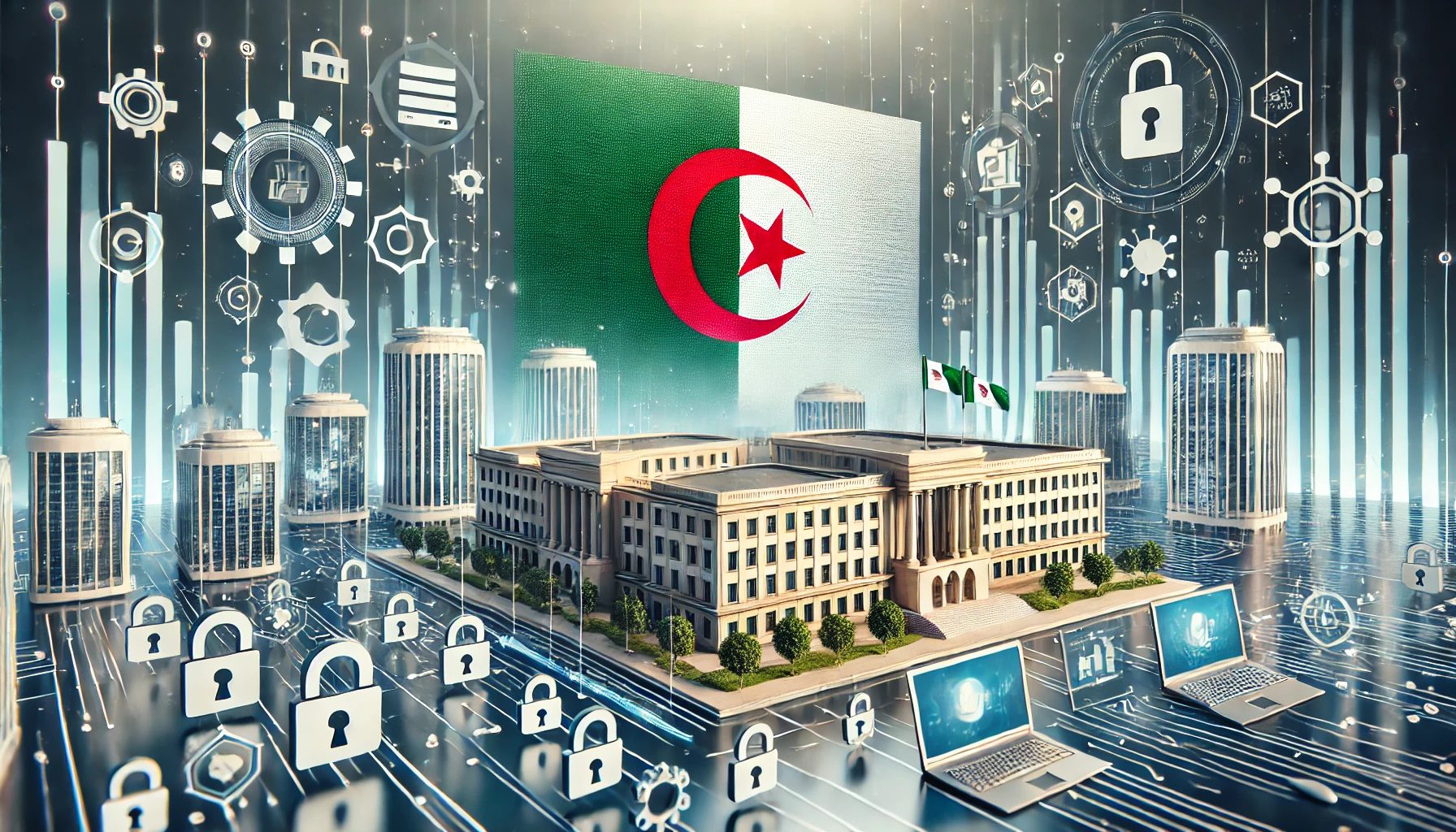 A modern scene depicting digital transformation in Algeria. Visuals include digital interfaces, government buildings, and cybersecurity symbols. The b