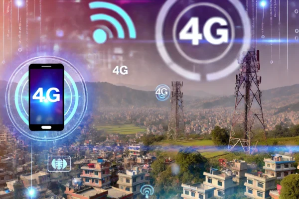 A modern scene depicting the widespread use of 4G technology in Nepal. Visuals include smartphones showing 4G connectivity, mobile towers, and digital