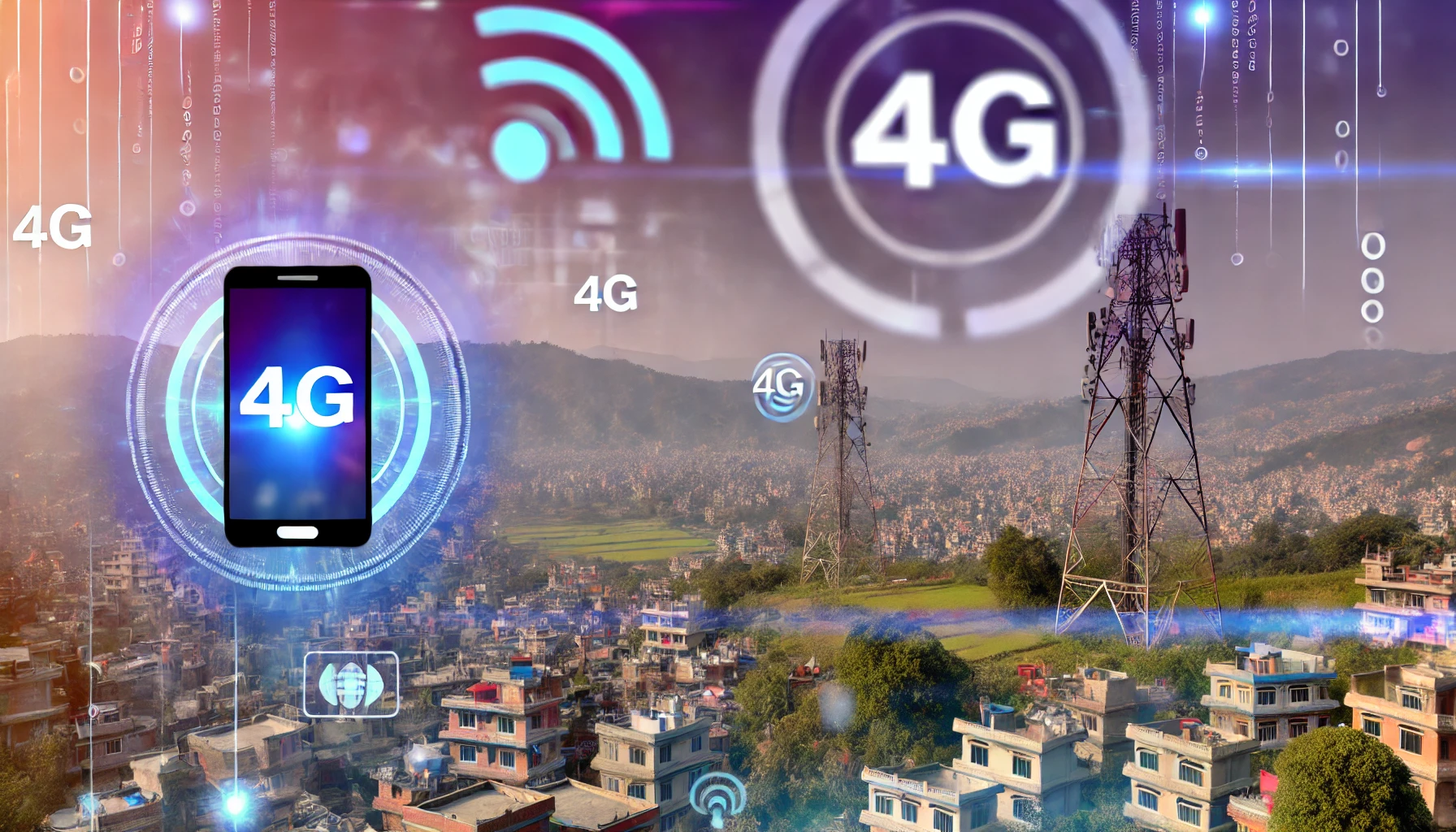 A modern scene depicting the widespread use of 4G technology in Nepal. Visuals include smartphones showing 4G connectivity, mobile towers, and digital