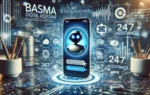 A modern digital assistant scene featuring Basma, an AI-powered digital assistant, on a smartphone screen. Visuals include chat bubbles in English and