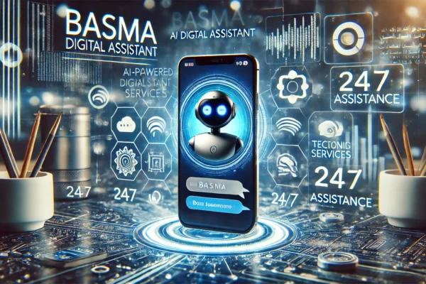 A modern digital assistant scene featuring Basma, an AI-powered digital assistant, on a smartphone screen. Visuals include chat bubbles in English and