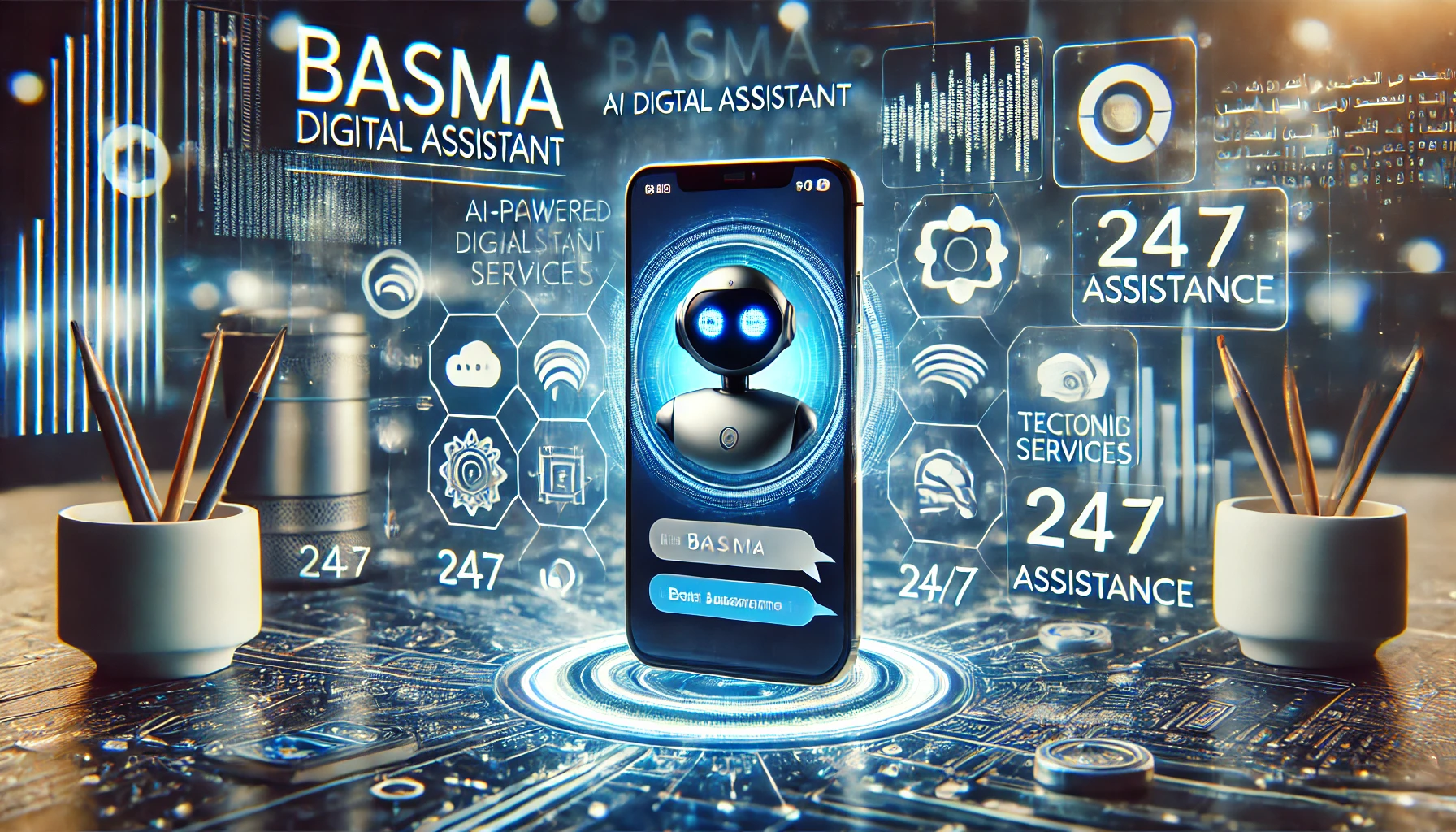 A modern digital assistant scene featuring Basma, an AI-powered digital assistant, on a smartphone screen. Visuals include chat bubbles in English and