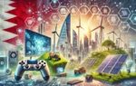 A modern scene depicting Bahrain's investment potential in video games and renewable energy. Visuals include gaming consoles, mobile devices, solar pannel