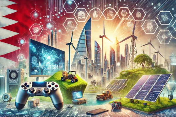 A modern scene depicting Bahrain's investment potential in video games and renewable energy. Visuals include gaming consoles, mobile devices, solar pannel