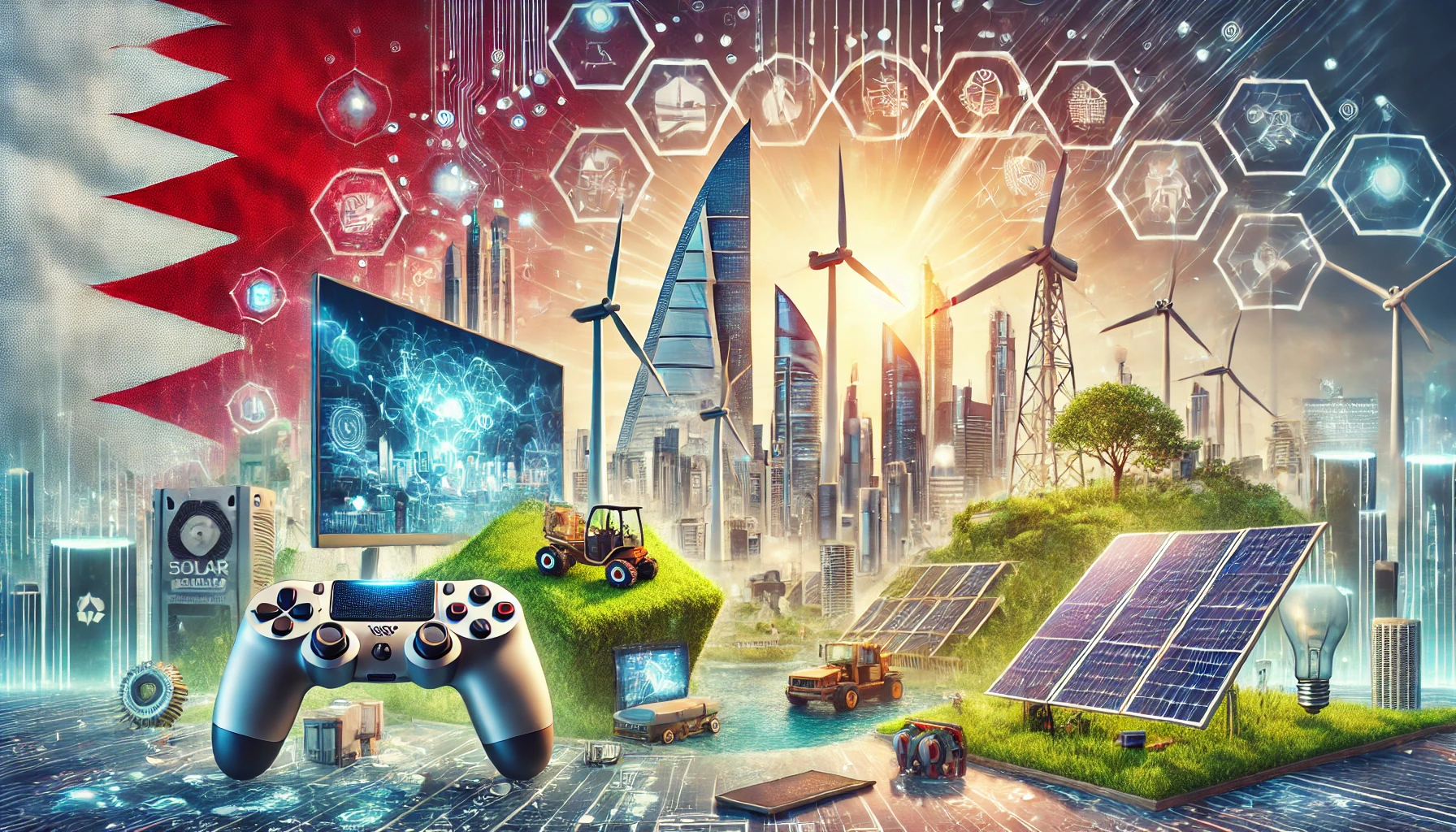 A modern scene depicting Bahrain's investment potential in video games and renewable energy. Visuals include gaming consoles, mobile devices, solar pannel