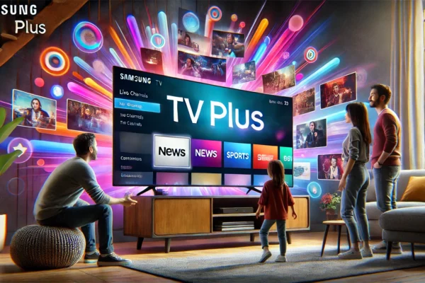 A modern scene featuring a family watching Samsung TV Plus on a Samsung TV. Visuals include a vibrant interface displaying live channels and content creators