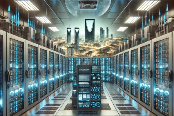 A modern data center in Riyadh featuring advanced technical infrastructure. Visuals include rows of server racks with LED lights, efficient cooling system