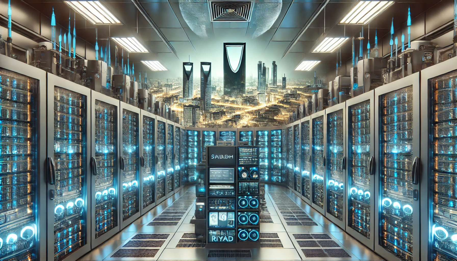 A modern data center in Riyadh featuring advanced technical infrastructure. Visuals include rows of server racks with LED lights, efficient cooling system