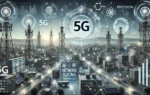 A modern telecommunications scene depicting the deployment of 5G technology. Visuals include 5G network towers, advanced digital interfaces showing ne