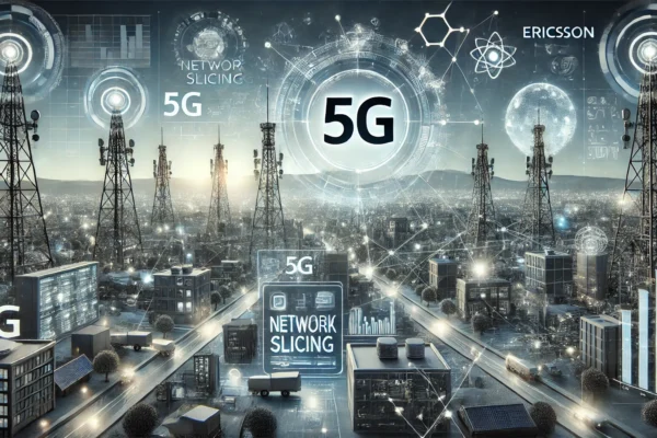 A modern telecommunications scene depicting the deployment of 5G technology. Visuals include 5G network towers, advanced digital interfaces showing ne