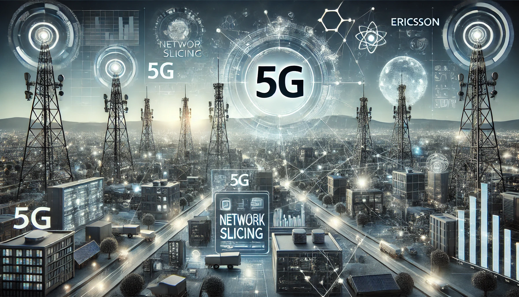 A modern telecommunications scene depicting the deployment of 5G technology. Visuals include 5G network towers, advanced digital interfaces showing ne