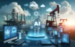 A modern digital platform scene depicting AI-driven technology in the energy sector. Visuals include advanced computing systems, AI interfaces, and cl