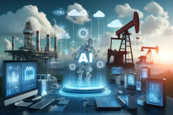 A modern digital platform scene depicting AI-driven technology in the energy sector. Visuals include advanced computing systems, AI interfaces, and cl