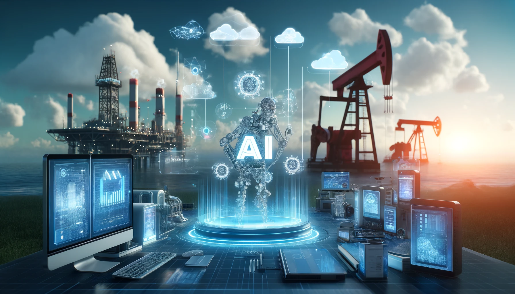 A modern digital platform scene depicting AI-driven technology in the energy sector. Visuals include advanced computing systems, AI interfaces, and cl