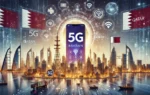 A modern telecommunications scene highlighting 5G technology in Bahrain and Qatar. Visuals include 5G towers, smartphones showing high-speed internet,