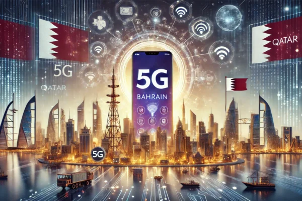 A modern telecommunications scene highlighting 5G technology in Bahrain and Qatar. Visuals include 5G towers, smartphones showing high-speed internet,