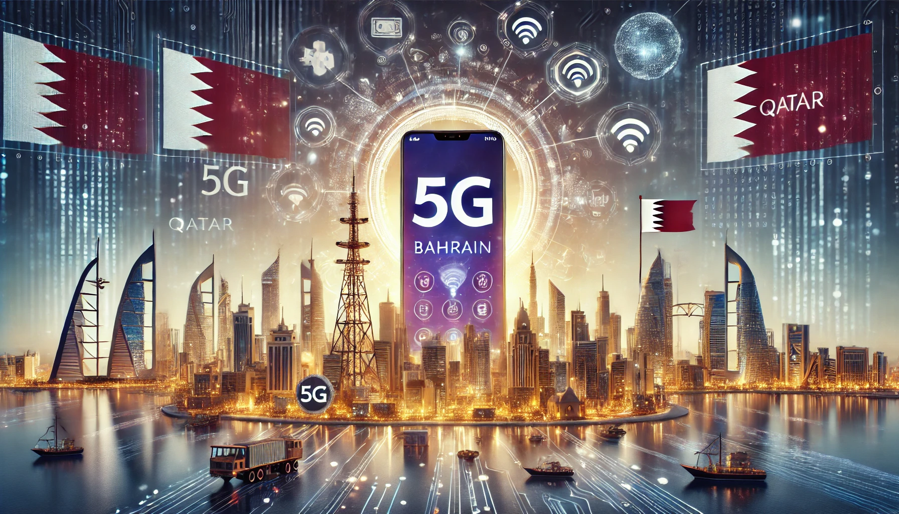 A modern telecommunications scene highlighting 5G technology in Bahrain and Qatar. Visuals include 5G towers, smartphones showing high-speed internet,