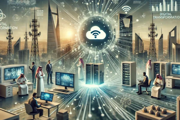 A modern scene depicting a partnership in digital transformation between a telecom provider and a technology company. Visuals include advanced telecom