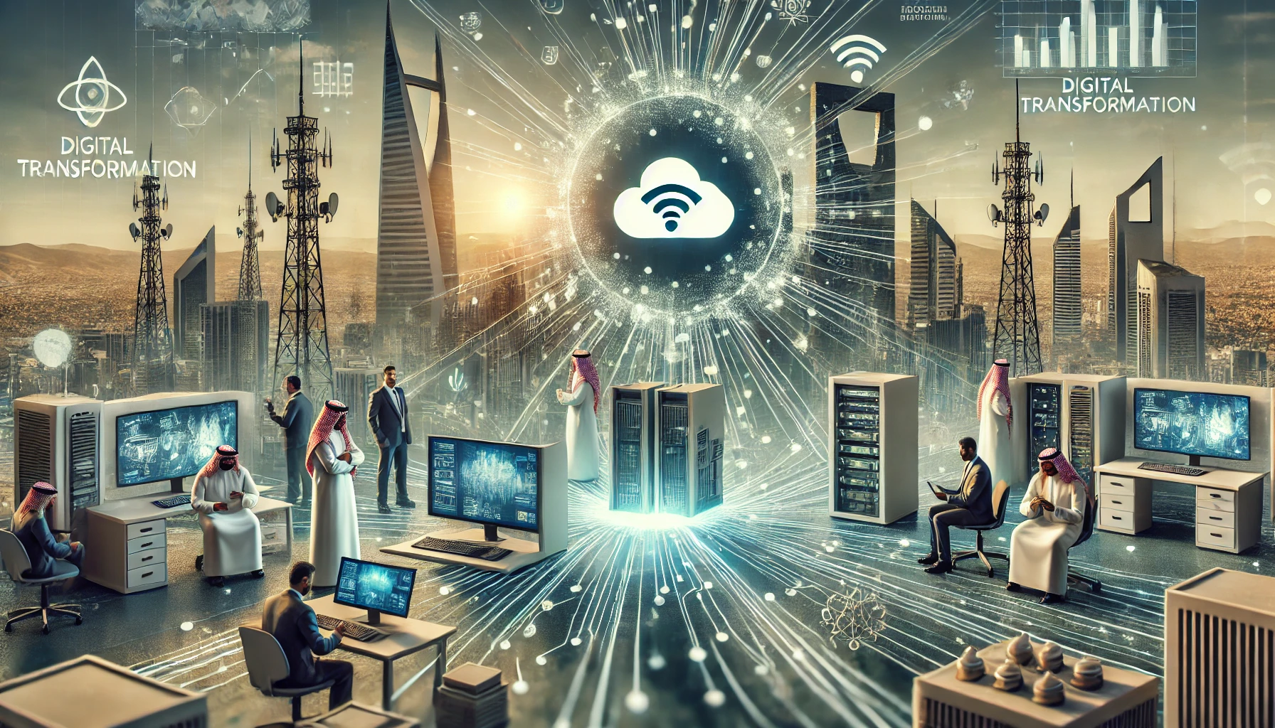 A modern scene depicting a partnership in digital transformation between a telecom provider and a technology company. Visuals include advanced telecom