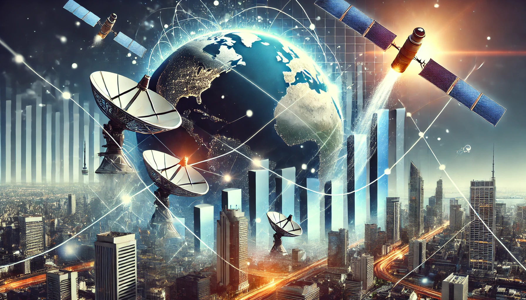 DA professional and modern illustration depicting the growth and success of a satellite communications company. Show elements such as rising graphs, sa