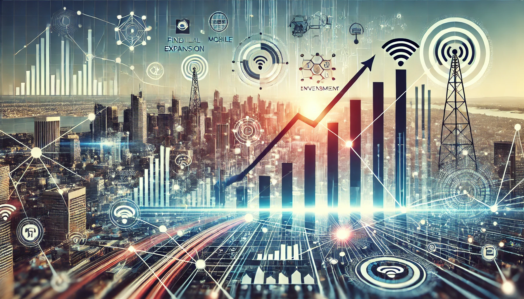 A professional and modern illustration depicting the growth and success of a telecom company. Include elements such as rising graphs, mobile networks,