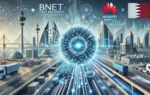 A professional and modern illustration depicting the partnership between BNET and Huawei Bahrain to enhance fiber broadband in Bahrain. Include element