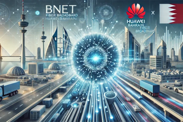 A professional and modern illustration depicting the partnership between BNET and Huawei Bahrain to enhance fiber broadband in Bahrain. Include element