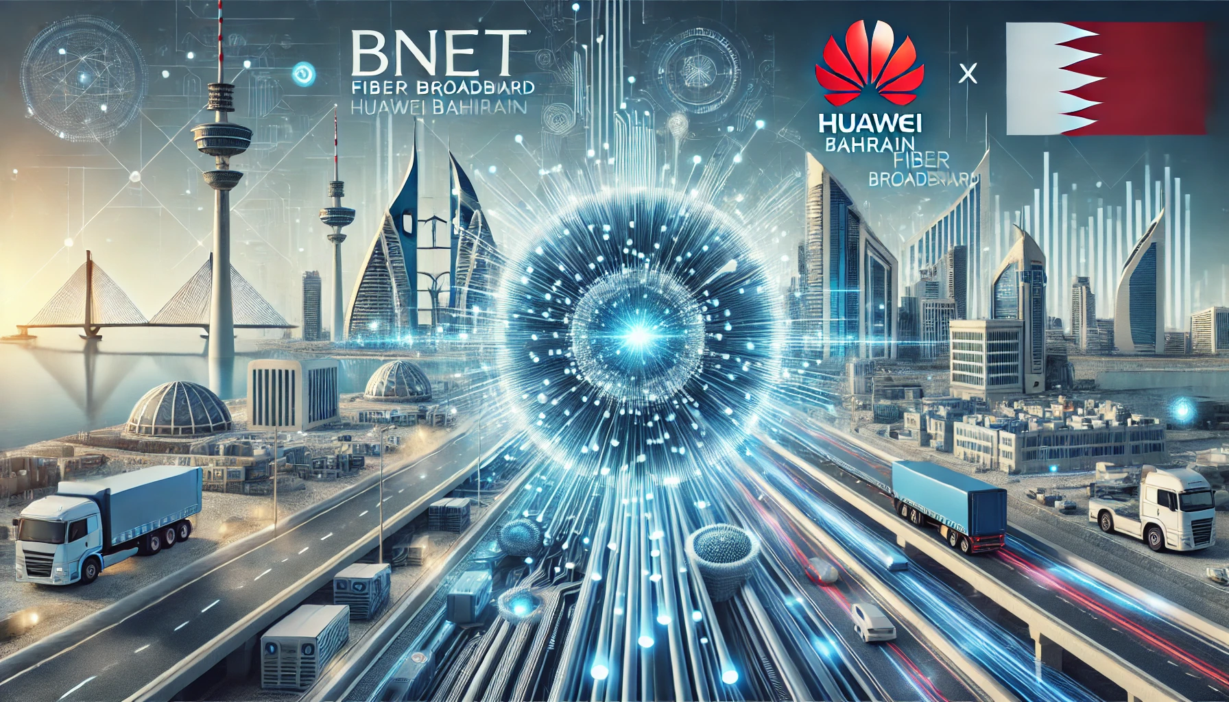 A professional and modern illustration depicting the partnership between BNET and Huawei Bahrain to enhance fiber broadband in Bahrain. Include element