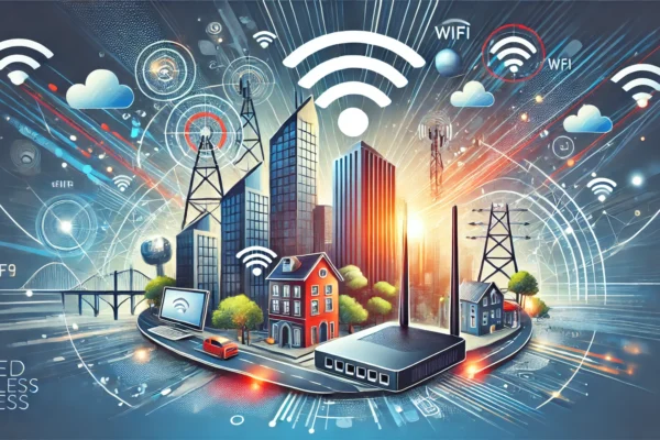 A modern and dynamic illustration depicting the launch of a fixed wireless access service. Include elements like wireless routers, WiFi signals, and a