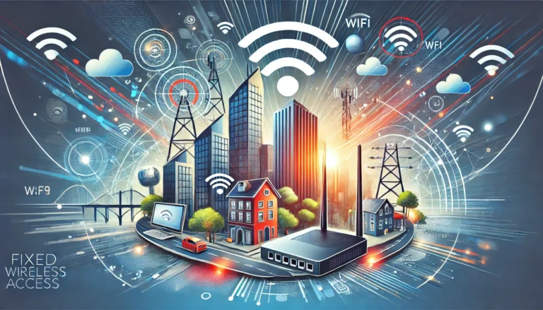 A modern and dynamic illustration depicting the launch of a fixed wireless access service. Include elements like wireless routers, WiFi signals, and a